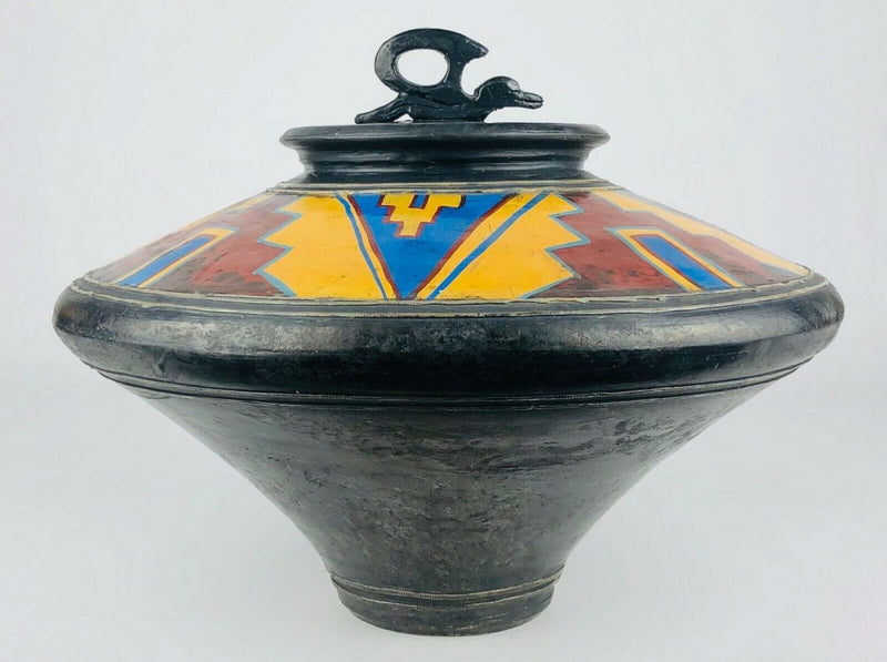 JOHN BEDDING - LARGE ST IVES STUDIO ART RAKU POTTERY GEOMETRIC AZTEC JAR POT VASE