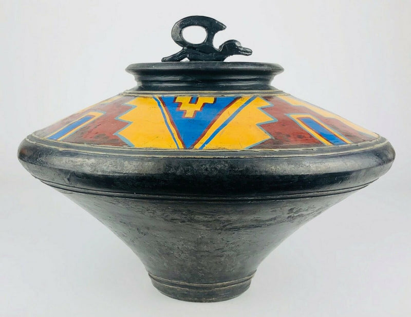 JOHN BEDDING - LARGE ST IVES STUDIO ART RAKU POTTERY GEOMETRIC AZTEC JAR POT VASE