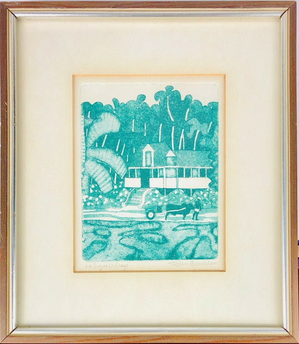 JOHN BRUNSDON 'LA DIGUE VILLAGE' COLOUR ETCHING PRINT, SIGNED