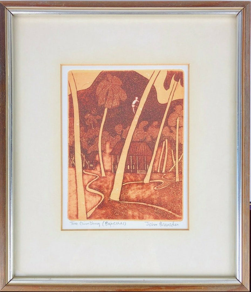 JOHN BRUNSDON 'TREE CLIMBING, SEYCHELLES' ETCHING PRINT, SIGNED
