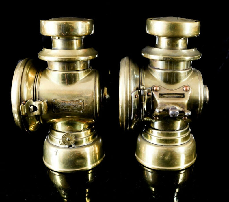 JOSEPH LUCAS LTD - PAIR OF BRASS KING OF THE ROAD AUTOMOBILE OIL LAMPS No. F146