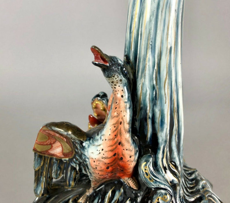 KELLER &amp; GUERIN 1900 FRENCH POTTERY SEA DRAGON MONSTER SERPENT BIRD CANDLESTICKS