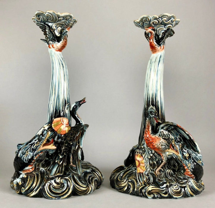 KELLER &amp; GUERIN 1900 FRENCH POTTERY SEA DRAGON MONSTER SERPENT BIRD CANDLESTICKS