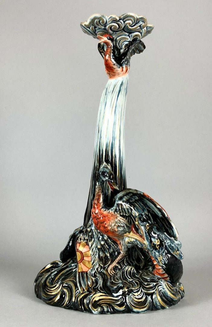 KELLER &amp; GUERIN 1900 FRENCH POTTERY SEA DRAGON MONSTER SERPENT BIRD CANDLESTICKS