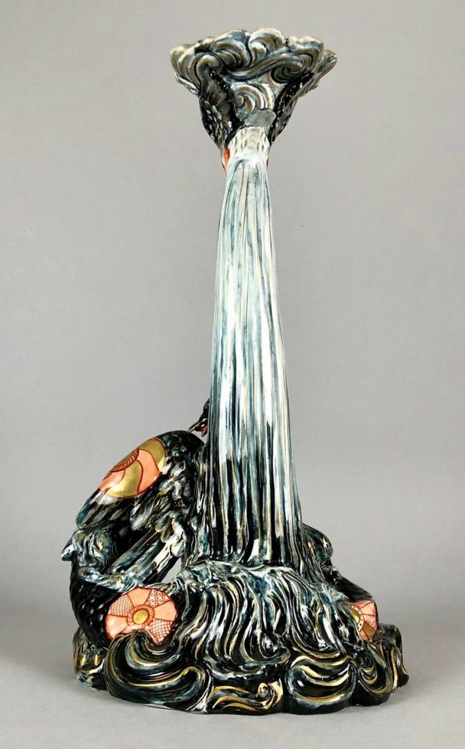 KELLER &amp; GUERIN 1900 FRENCH POTTERY SEA DRAGON MONSTER SERPENT BIRD CANDLESTICKS