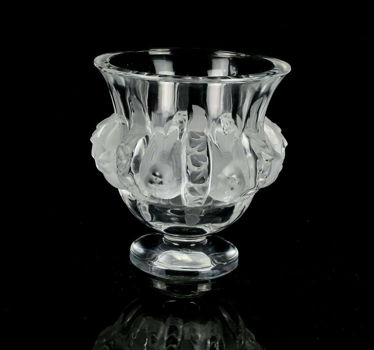 LALIQUE FRANCE -DAMPIERRE- CLEAR/FROSTED GLASS BIRD SPARROW URN VASE, SIGNED