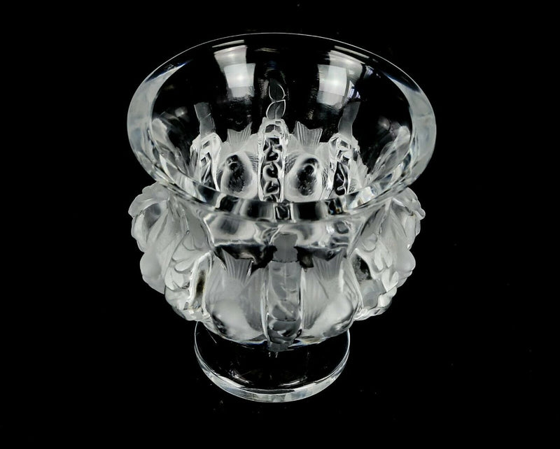LALIQUE FRANCE -DAMPIERRE- CLEAR/FROSTED GLASS BIRD SPARROW URN VASE, SIGNED