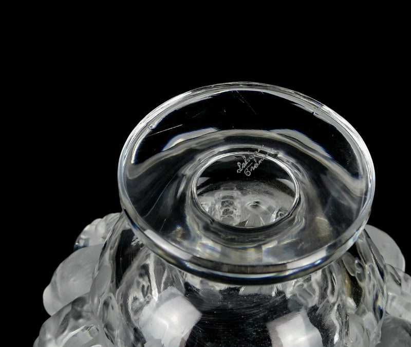 LALIQUE FRANCE -DAMPIERRE- CLEAR/FROSTED GLASS BIRD SPARROW URN VASE, SIGNED