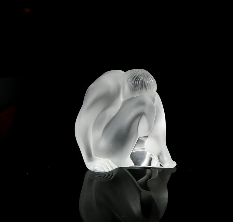 LALIQUE FRANCE -NAHBI- FROSTED GLASS SEATED FEMALE NUDE FIGURE MODEL, BOXED