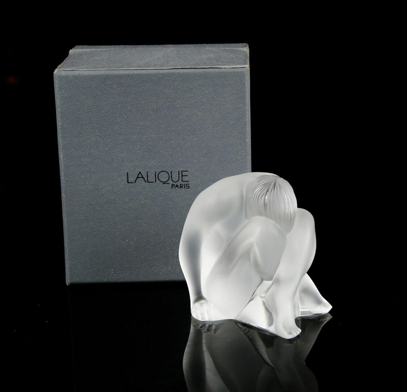 LALIQUE FRANCE -NAHBI- FROSTED GLASS SEATED FEMALE NUDE FIGURE MODEL, BOXED