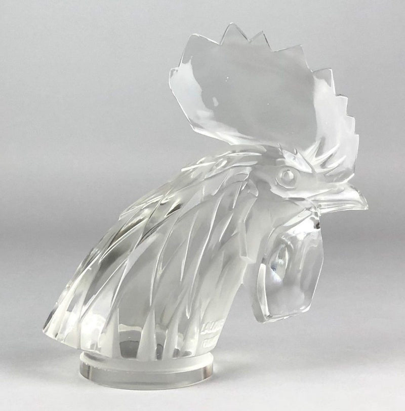LALIQUE FRANCE 'TÊTE DE COQ' COCKS HEAD CLEAR/FROST GLASS CAR MASCOT FIGURE No. 1137