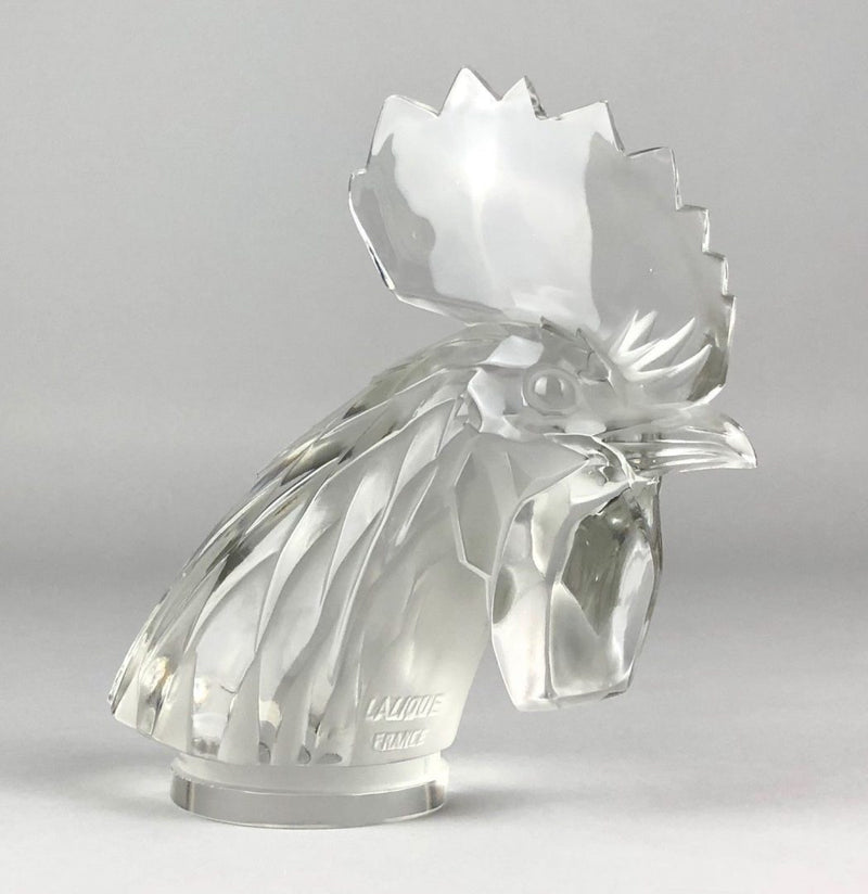 LALIQUE FRANCE 'TÊTE DE COQ' COCKS HEAD CLEAR/FROST GLASS CAR MASCOT FIGURE No. 1137