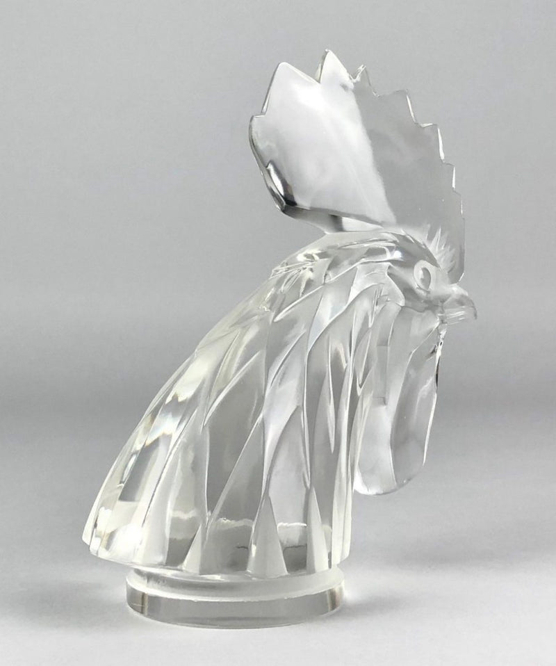 LALIQUE FRANCE 'TÊTE DE COQ' COCKS HEAD CLEAR/FROST GLASS CAR MASCOT FIGURE No. 1137