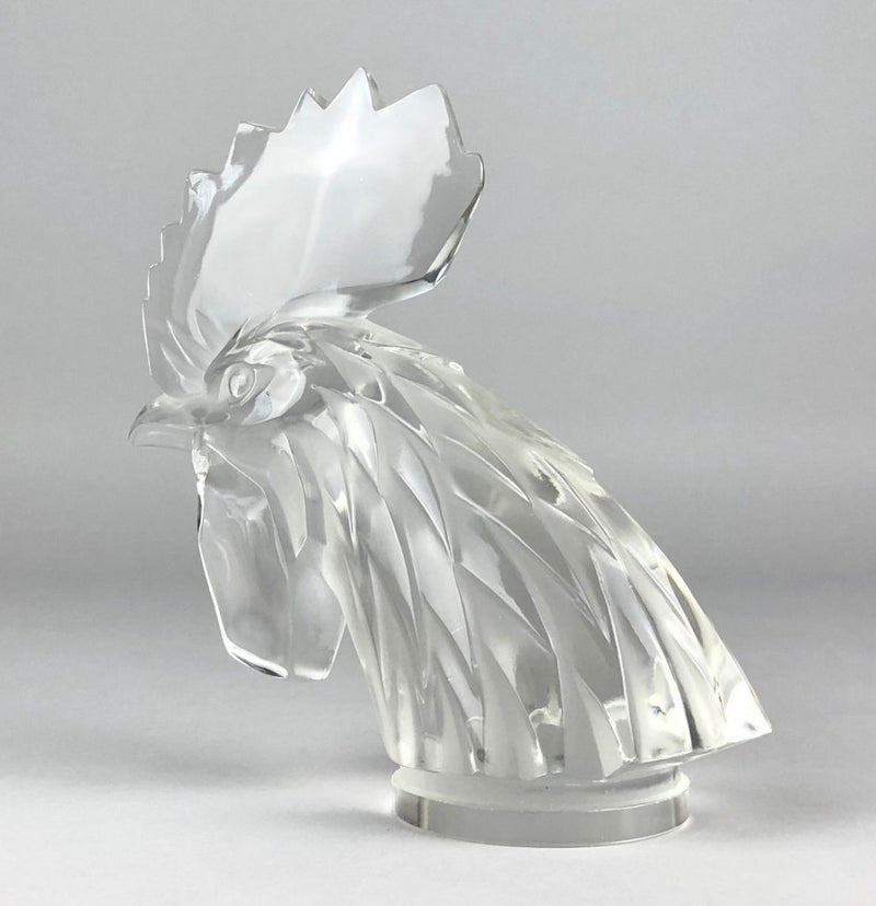 LALIQUE FRANCE 'TÊTE DE COQ' COCKS HEAD CLEAR/FROST GLASS CAR MASCOT FIGURE No. 1137