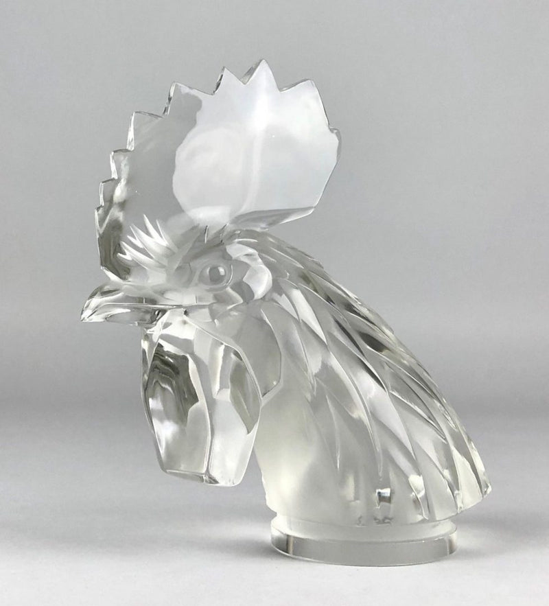 LALIQUE FRANCE 'TÊTE DE COQ' COCKS HEAD CLEAR/FROST GLASS CAR MASCOT FIGURE No. 1137