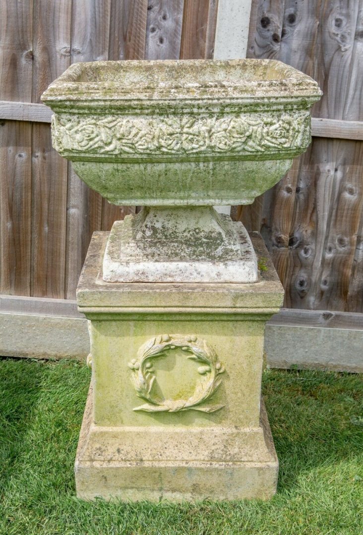 Large Stone Neoclassical Square Garden Urn Planter On Plinth Base — Pm 