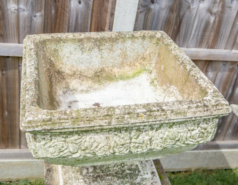 LARGE STONE NEOCLASSICAL SQUARE GARDEN URN PLANTER ON PLINTH BASE