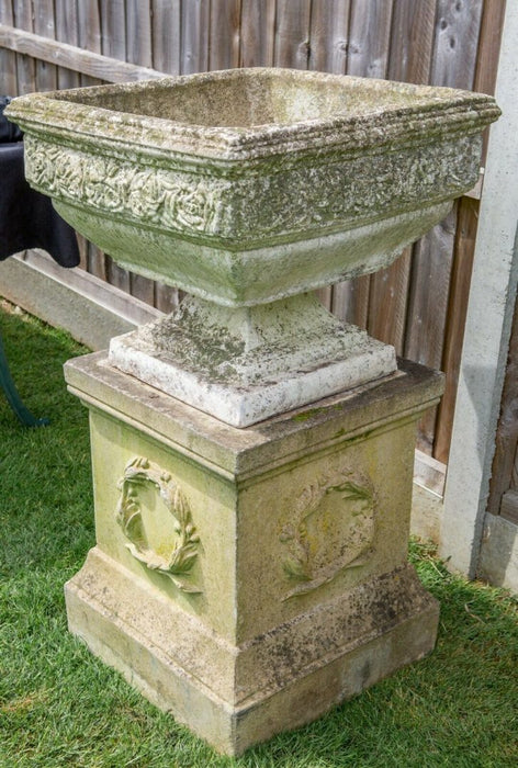 LARGE STONE NEOCLASSICAL SQUARE GARDEN URN PLANTER ON PLINTH BASE