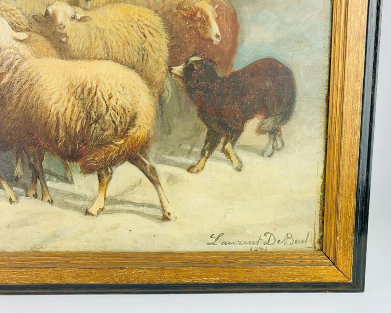 LAURENT DE BEUL - WINTER CATTLE SHEEP DOG SCENE, OIL ON BOARD, SIGNED