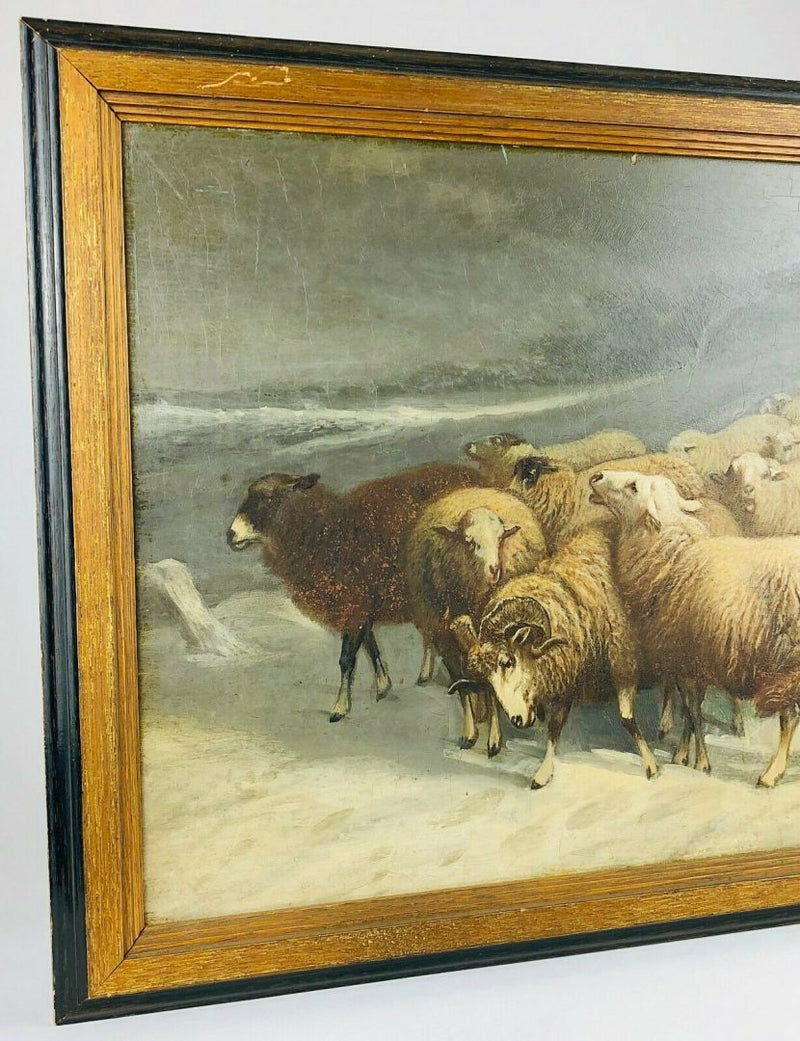 LAURENT DE BEUL - WINTER CATTLE SHEEP DOG SCENE, OIL ON BOARD, SIGNED