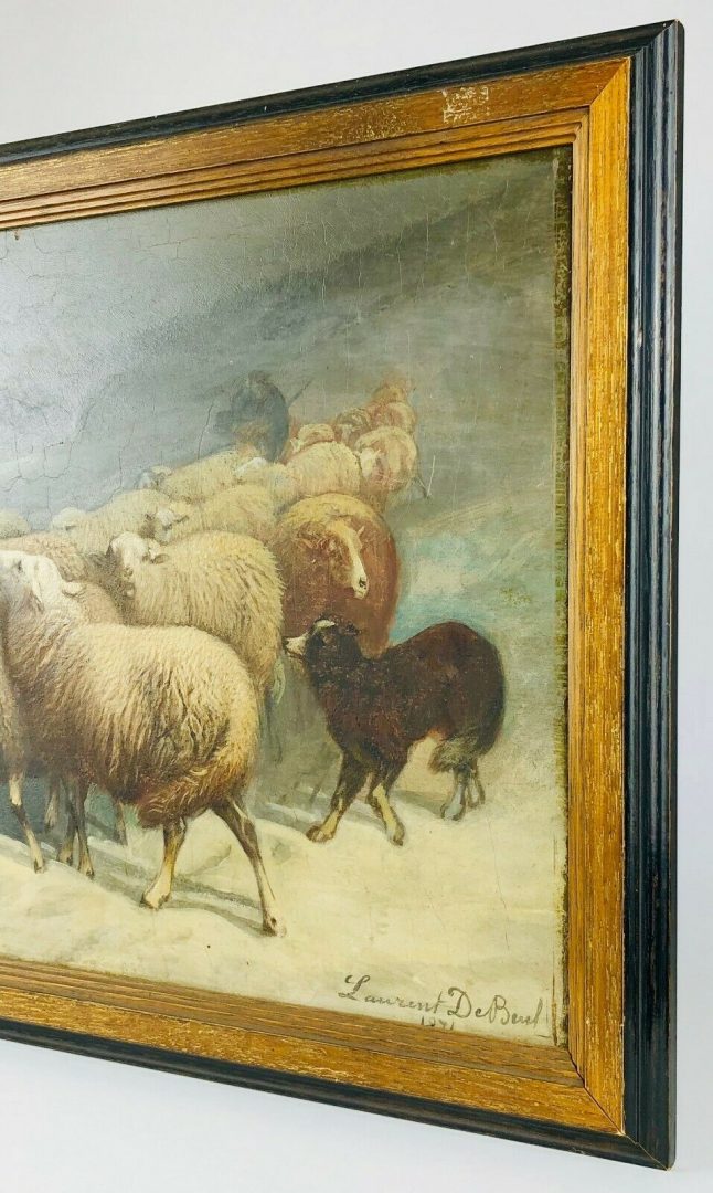 LAURENT DE BEUL - WINTER CATTLE SHEEP DOG SCENE, OIL ON BOARD, SIGNED
