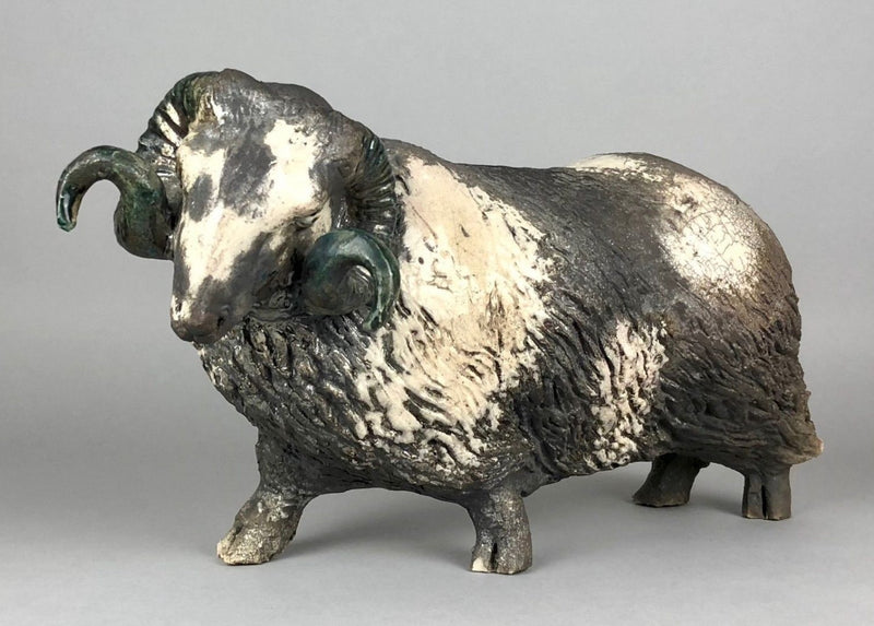 LAWSON ERNEST RUDGE - RAKU POTTERY RAM SHEEP FIGURE MODEL, SIGNED