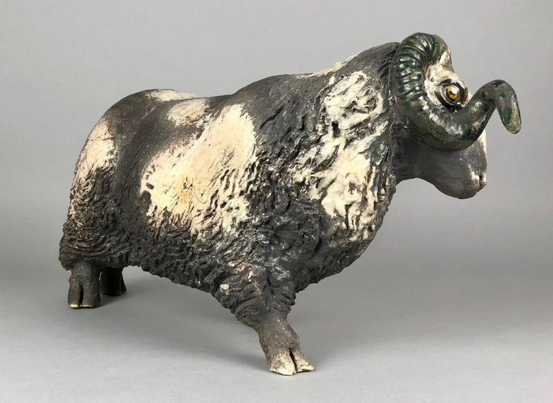 LAWSON ERNEST RUDGE - RAKU POTTERY RAM SHEEP FIGURE MODEL, SIGNED
