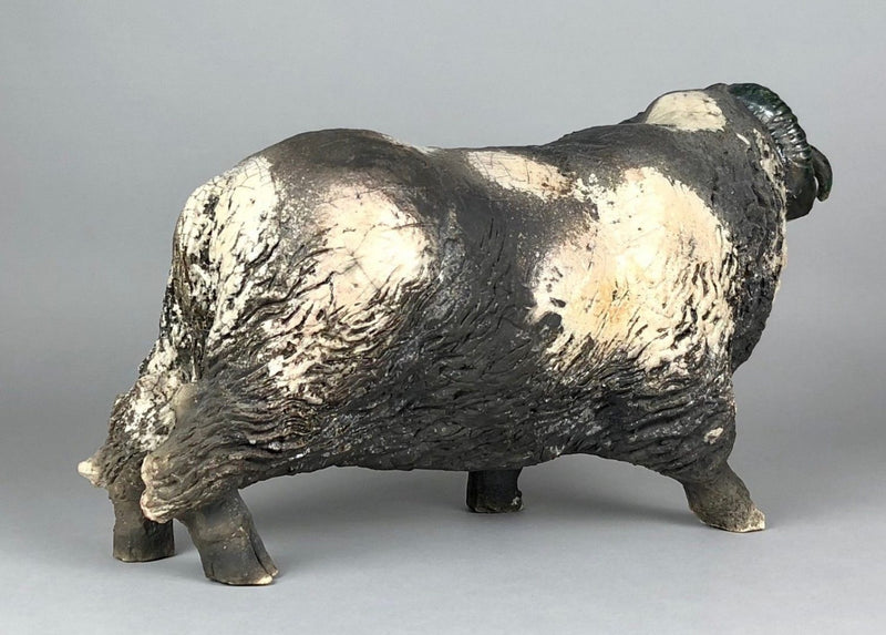 LAWSON ERNEST RUDGE - RAKU POTTERY RAM SHEEP FIGURE MODEL, SIGNED