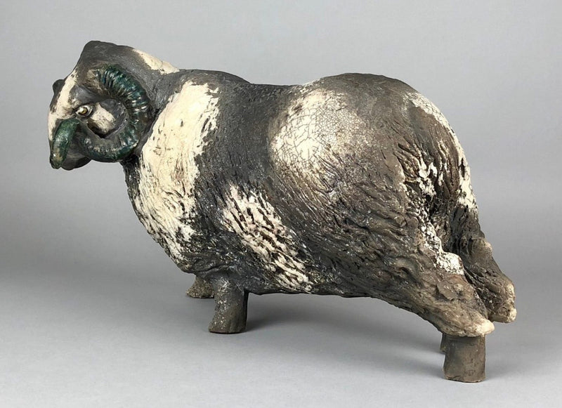 LAWSON ERNEST RUDGE - RAKU POTTERY RAM SHEEP FIGURE MODEL, SIGNED