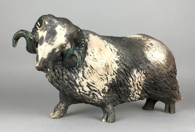 LAWSON ERNEST RUDGE - RAKU POTTERY RAM SHEEP FIGURE MODEL, SIGNED