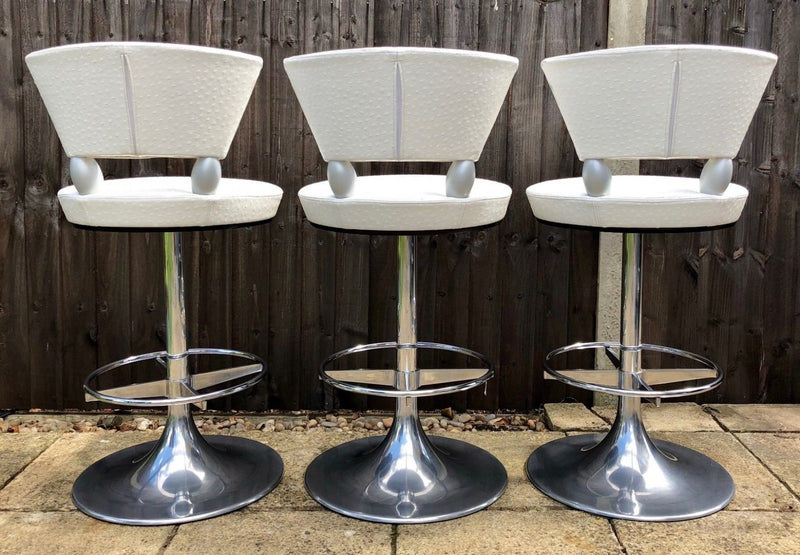 LEON KRIER for GIORGETTI, SET OF SIX DESIGNER OSTRICH LEATHER 'TAURUS' BAR STOOLS