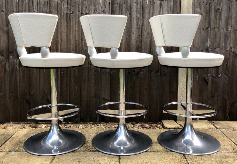 LEON KRIER for GIORGETTI, SET OF SIX DESIGNER OSTRICH LEATHER 'TAURUS' BAR STOOLS
