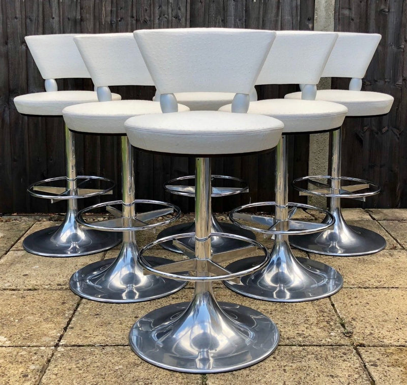 LEON KRIER for GIORGETTI, SET OF SIX DESIGNER OSTRICH LEATHER 'TAURUS' BAR STOOLS