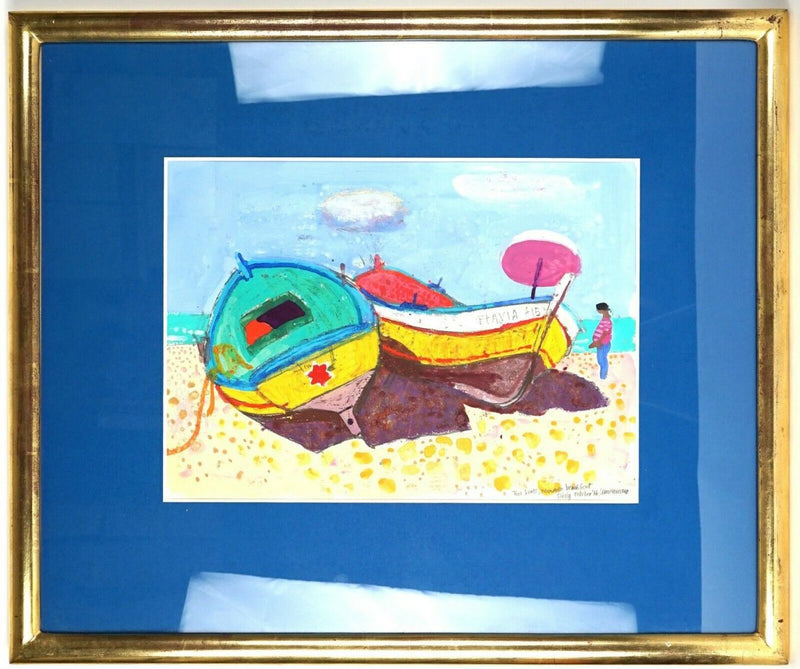 LEON MORROCCO 'TWO BOATS MONDELLO BEACH FRONT, SICILY' GOUACHE PAINTING, SIGNED