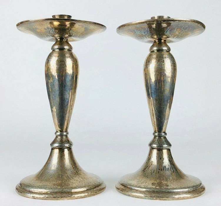 LIBERTY &amp; Co. - LARGE PAIR OF ART NOUVEAU TUDRIC PLATED PEWTER CANDLESTICKS No. 01223