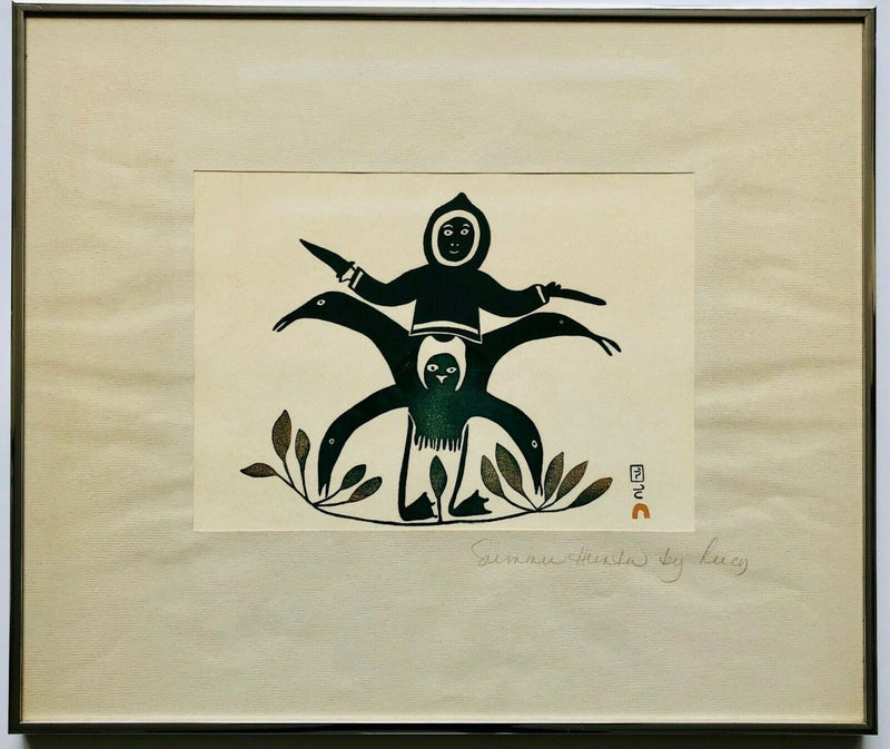 LUCY QINNUAYUAK 'SUMMER HUNTER' STONECUT COLOUR PRINT, SIGNED