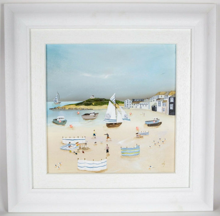 LUCY YOUNG (BRITISH, C20th) -PICNIC BY SHORE- ST IVES BEACH SCENE, OIL ON CANVAS, SIGNED