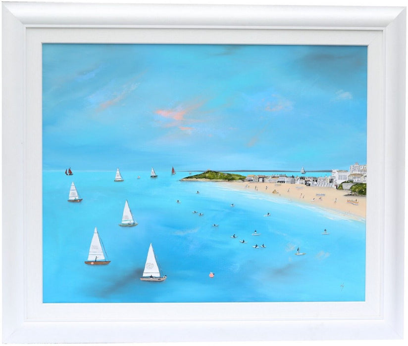 LUCY YOUNG (C20th) -SAPPHIRE SURF, ST IVES- CORNWALL SEASIDE, OIL ON CANVAS, SIGNED