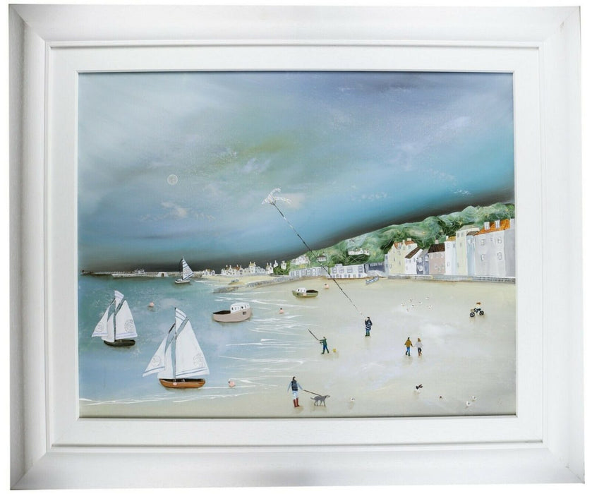 LUCY YOUNG (BRITISH, C20th) -UNDER THE MOON- LYME REGIS, ORIGINAL OIL ON CANVAS, SIGNED