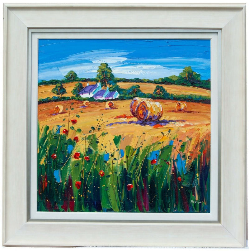LYNN RODGIE (BRITISH, C20th) -STAW BALES, ANCRUM- LANDSCAPE, LARGE OIL ON CANVAS