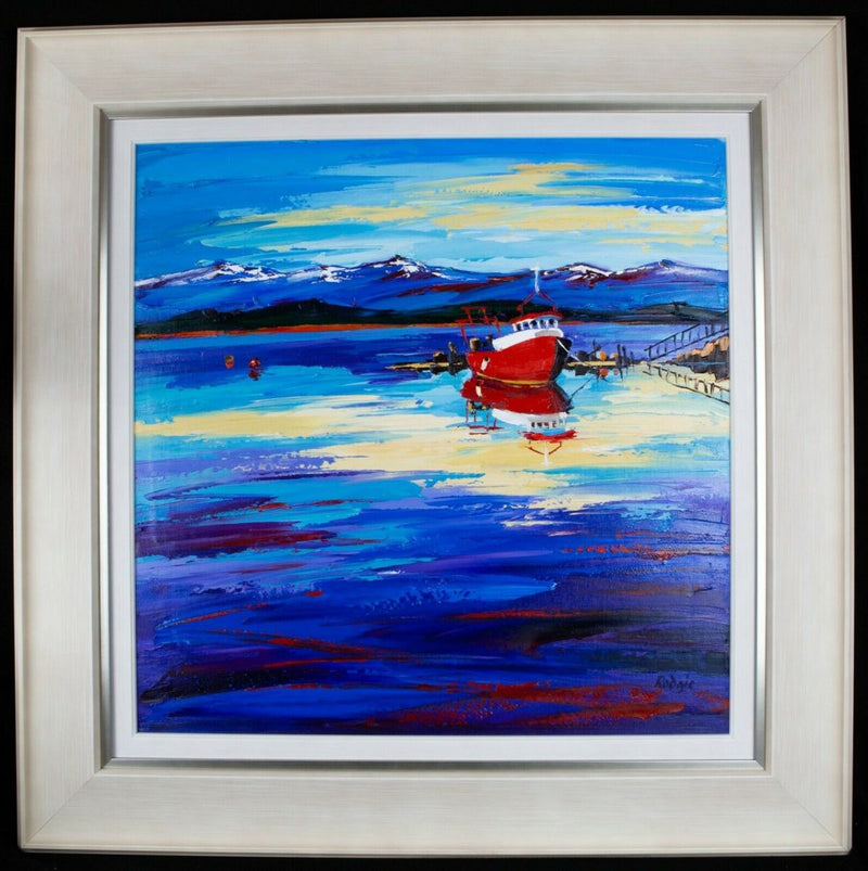 LYNN RODGIE (BRITISH, C20th) -RED FISHER &amp; REFLECTIONS- LANDSCAPE, OIL ON CANVAS, SIGNED