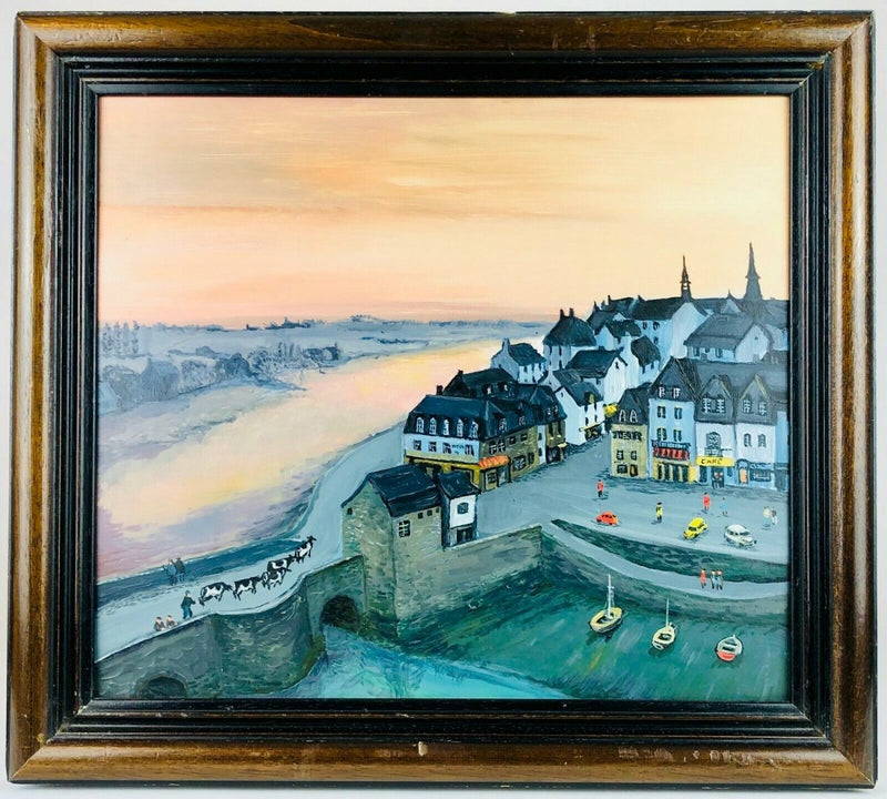 MARGARET LOXTON 'RIVER AT SUNRISE' COASTAL HARBOUR VILLAGE, OIL ON BOARD