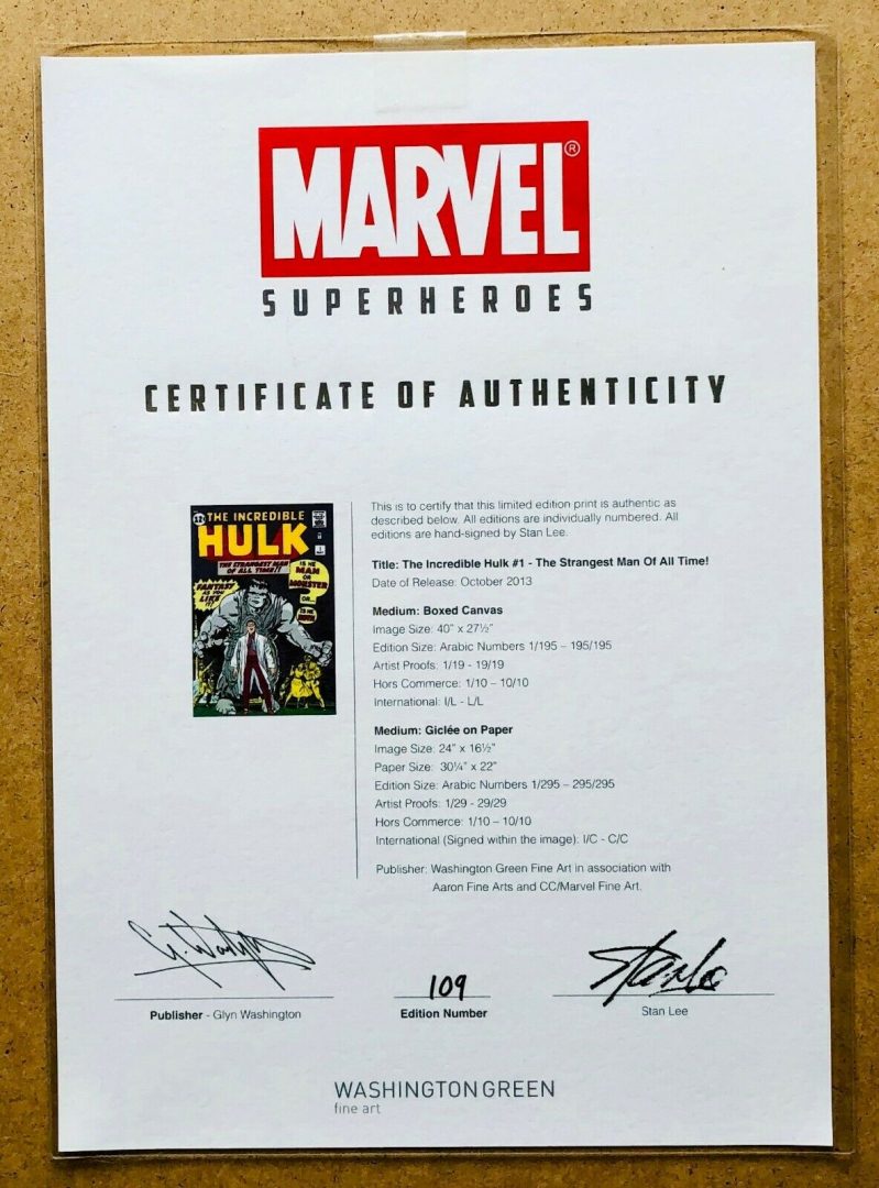 MARVEL 'INCREDIBLE HULK #1' LIMITED EDITION COMIC GICLEE PRINT, SIGNED STAN LEE