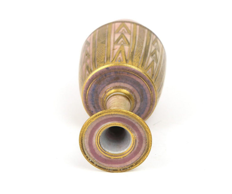 MARY RICH (b.1940) STUDIO ART POTTERY PINK GEOMETRIC LUSTRE GILT VASE, SIGNED