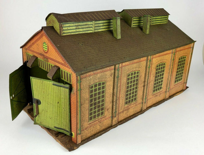 MECCANO HORNBY SERIES O GAUGE TIN PLATE TWIN ROAD/RAIL ENGINE SHED MODEL No.2