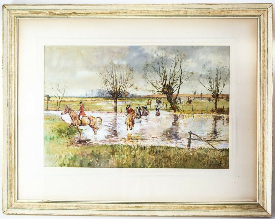 MICHAEL LYNE (BRITISH, 1912-1989) -CROSSING THE WATER- HUNTING SCENE WATERCOLOUR, SIGNED