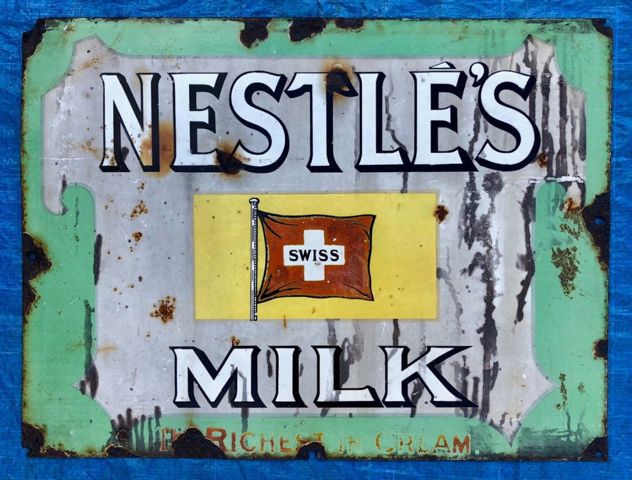 VINTAGE -NESTLES SWISS MILK- SWEET CHOCOLATE SHOP ENAMEL ADVERTISING SIGN