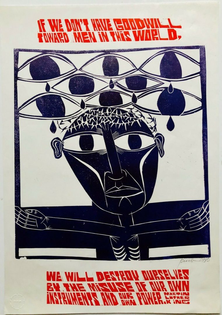 PAUL PETER PIECH (AMERICAN, 1920-1996) -GOODWILL TOWARD MEN- LINOCUT POSTER PRINT, SIGNED