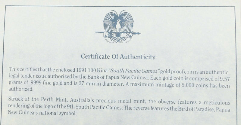 PERTH MINT - 1991 PAPUA NEW GUINEA SOUTH PACIFIC GAMES 100 KINA GOLD PROOF COIN