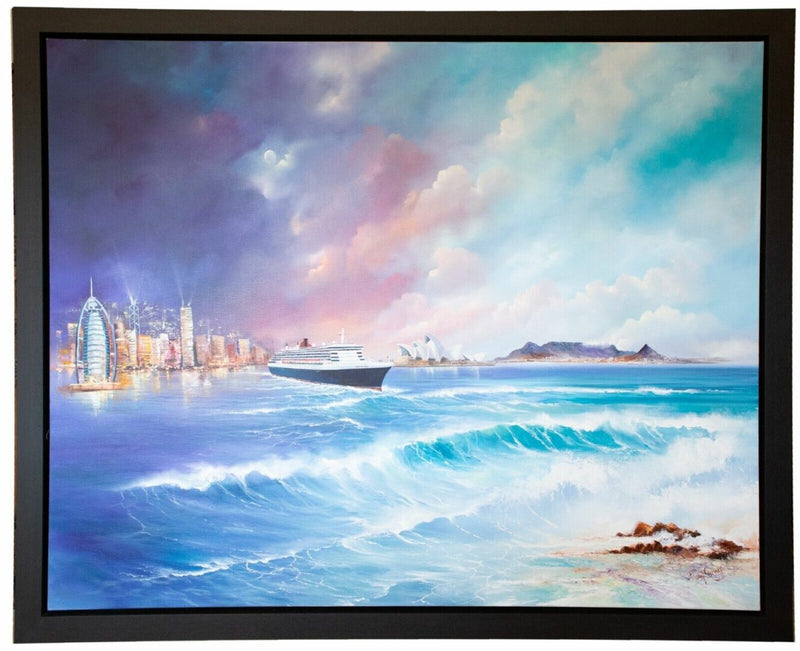 PHILIP GRAY (IRISH, b.1959) -QUEEN MARY II- SYDNEY HARBOUR, LARGE ORIGINAL OIL PAINTING, SIGNED